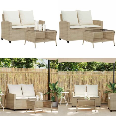 Divano Giardino 2 Posti con Cuscini e Tavolo Beige Polyrattan - Tavolino da giardino - Rattan