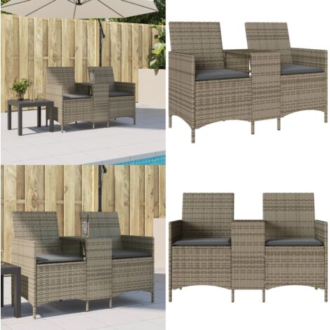 Divano Giardino 2 Posti con Tavolo e Cuscini Grigio Polyrattan - Divano da esterno con tavolino - Cuscini per seduta