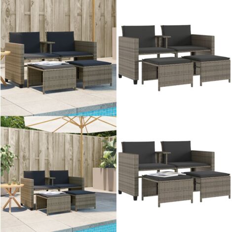 Divano Giardino 2 Posti con Tavolo e Sgabelli Grigio Polyrattan - Tavolino da giardino - Sgabello da giardino