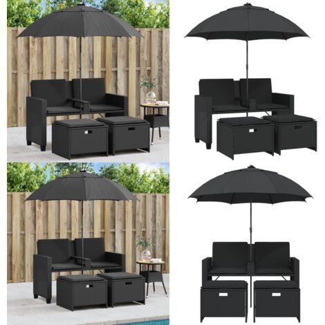 Divano Giardino 2 Posti Ombrellone e Sgabelli Nero Polyrattan - Ombrellone da giardino - Sgabelli da giardino