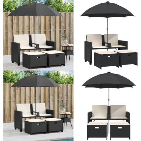 Divano Giardino 2 Posti Ombrellone e Sgabelli Nero Polyrattan - Ombrellone - Sgabelli