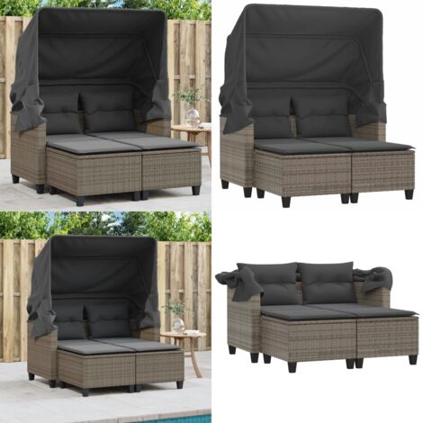Divano Giardino 2Posti Baldacchino e Sgabelli Grigio Polyrattan - Sgabello da giardino - Baldacchino