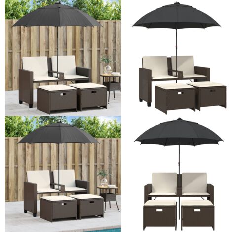 Divano Giardino 2Posti Ombrellone e Sgabelli Marrone Polyrattan - Ombrellone da giardino - Sgabelli da giardino