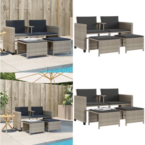 Divano Giardino 2Posti Tavolo Sgabelli Grigio Chiaro Polyrattan - Tavolino da giardino - Sgabello da giardino