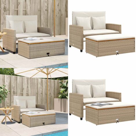 Divano Giardino con Cuscini 2 Posti Beige Polyrattan e Acacia - Divano da esterno - Panca da giardino