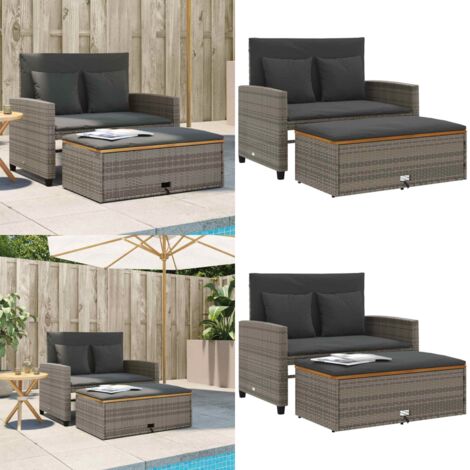 Divano Giardino con Cuscini 2 Posti Grigio in Polyrattan Acacia - Divano da esterno - Cuscini per divano
