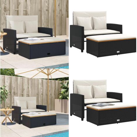 Divano Giardino con Cuscini 2 Posti Nero Polyrattan e Acacia - Cuscini per divano - Poggiapiedi da giardino
