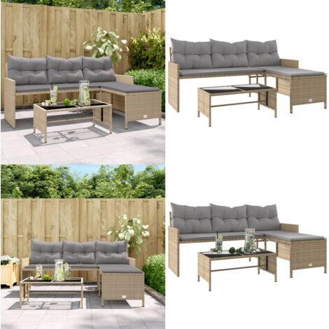 Divano Giardino con Tavolo e Cuscini a L Beige Misto Polyrattan - Tavolino da giardino - Cuscini da giardino