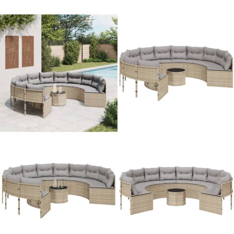 Divano Giardino con Tavolo e Cuscini Circolare Beige Polyrattan - Tavolino da giardino - Cuscini per divano