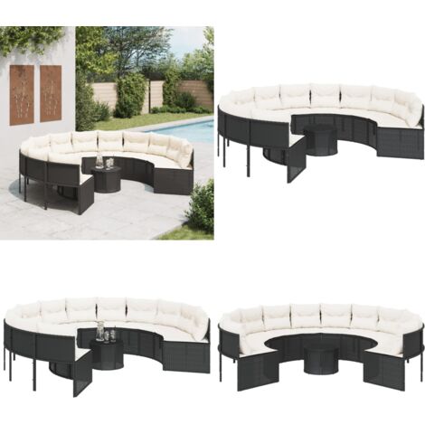 Divano Giardino con Tavolo e Cuscini Circolare Nero Polyrattan - Tavolino da giardino - Cuscini per divano