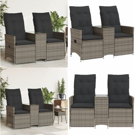 Divano Giardino Reclinabile 2 Posti Tavolino Grigio Polyrattan - Tavolino da giardino - Divano reclinabile