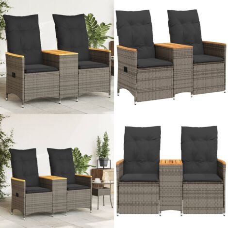 Divano Giardino Reclinabile 2 Posti Tavolino Grigio Polyrattan - Tavolino da giardino - Divano reclinabile