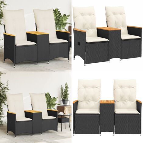 Divano Giardino Reclinabile 2Posti con Tavolino Nero Polyrattan - Divano da giardino reclinabile - Tavolino da giardino