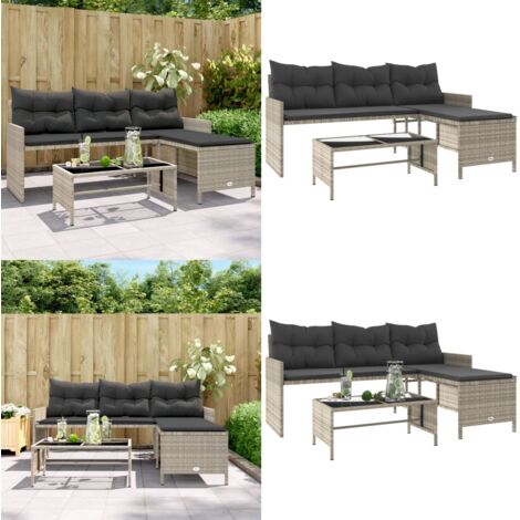 Divano Giardino Tavolo e Cuscini a L Grigio Chiaro Polyrattan - Tavolino da giardino - Cuscini da giardino