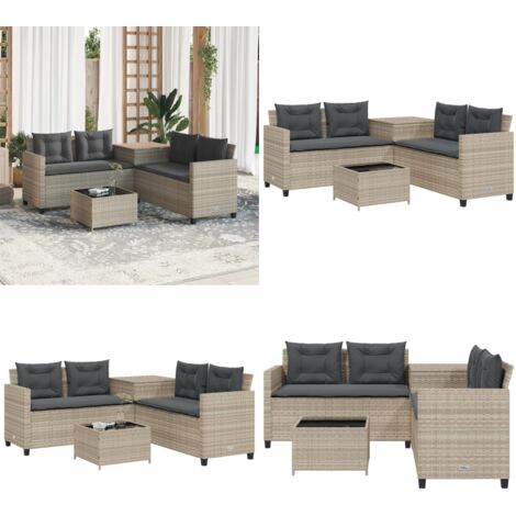 Divano Giardino Tavolo e Cuscini a L Grigio Chiaro Polyrattan - Tavolino da giardino - Cuscini da giardino
