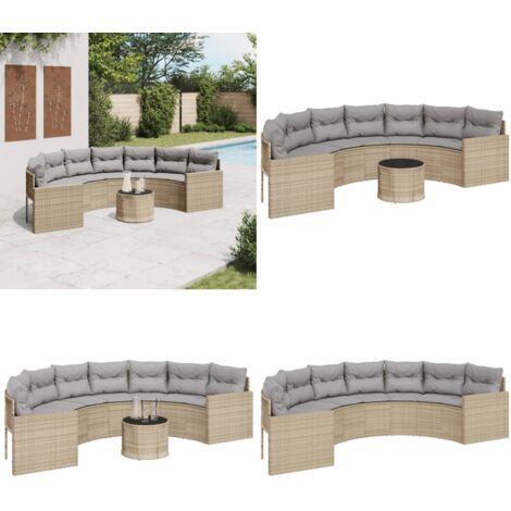 Divano Giardino Tavolo e Cuscini Semicircolare Beige Polyrattan - Tavolino da giardino - Cuscini da seduta
