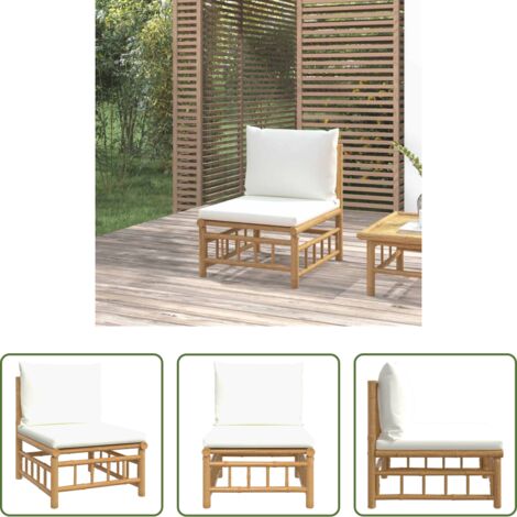Divano in bambù -  Divano Centrale da Giardino con Cuscini Bianco Crema in Bambù