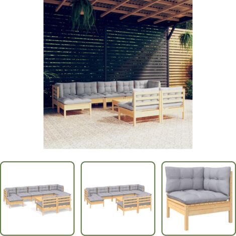 Divano in legno -  Set Divani da Giardino 10 pz con Cuscini Grigi Massello di Pino