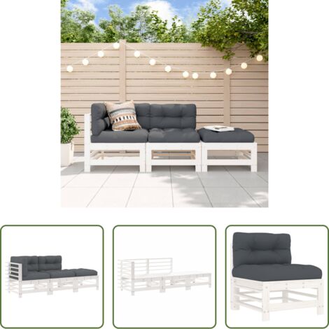 Divano in legno -  Set Divani da Giardino 3pz con Cuscini in Legno Massello Bianco