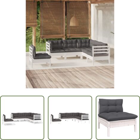 Divano in legno -  Set Divani da Giardino 5 pz con Cuscini Bianchi Legno di Pino