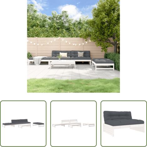 Divano in legno -  Set Divani da Giardino 5pz con Cuscini in Legno Massello Bianco
