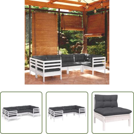 Divano in legno -  Set Divani da Giardino 6 pz con Cuscini Bianchi Legno di Pino
