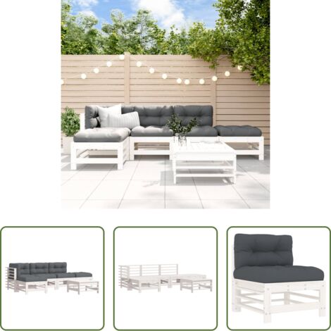 Divano in legno -  Set Divani da Giardino 6pz con Cuscini in Legno Massello Bianco