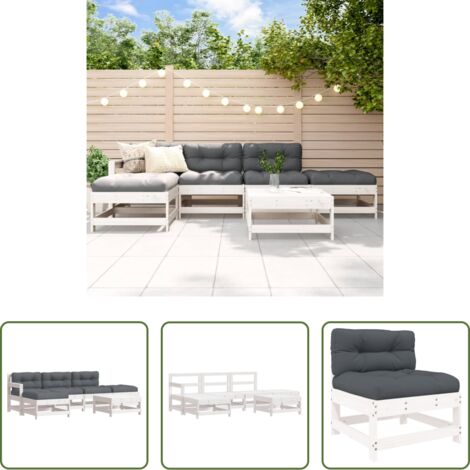 Divano in legno -  Set Divani da Giardino 6pz con Cuscini in Legno Massello Bianco