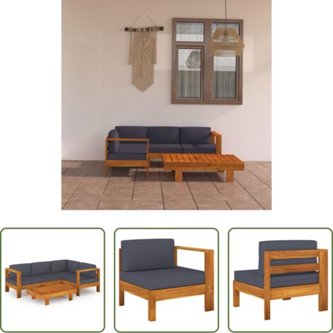 Divano in legno -  Set Divani Giardino 5 Posti Cuscini Grigi Scuro Massello Acacia