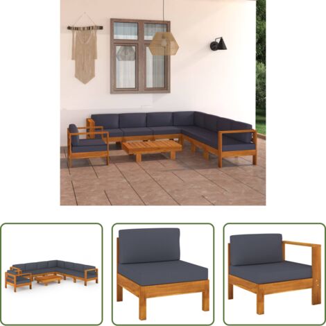 Divano in legno -  Set Divani Giardino 9 Posti Cuscini Grigi Scuro Massello Acacia