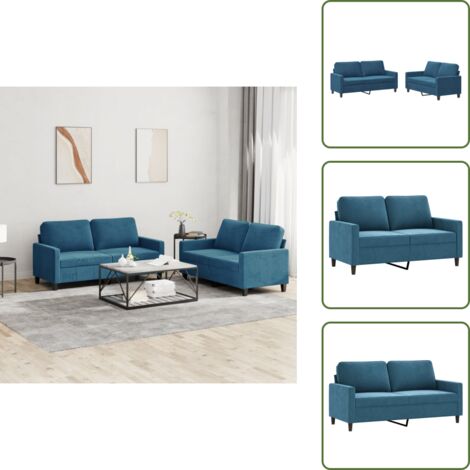 Divano in poliestere - vidaXL Set di Divani 2 pz con Cuscini Blu in Velluto - Divano con struttura in metallo