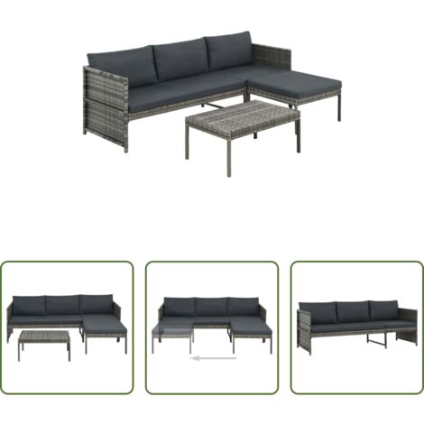 Divano in polyrattan -  Set Divani da Giardino 3 pz con Cuscini in Polyrattan Grigio