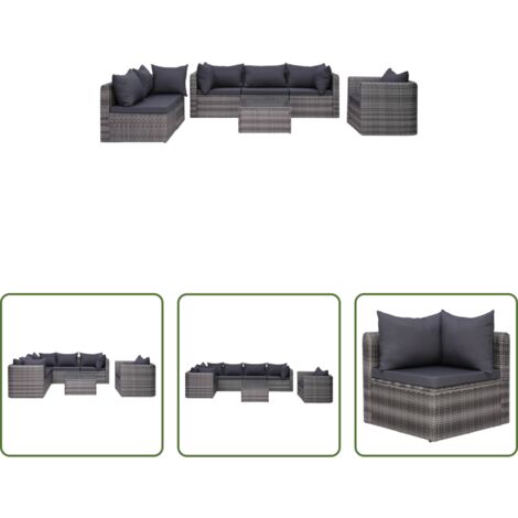 Divano in polyrattan -  Set Divani da Giardino 7 pz con Cuscini in Polyrattan Grigio