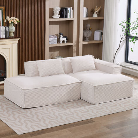Divano in tessuto con due cuscini e una tasca, beige chiaro, 235x129x70 cm