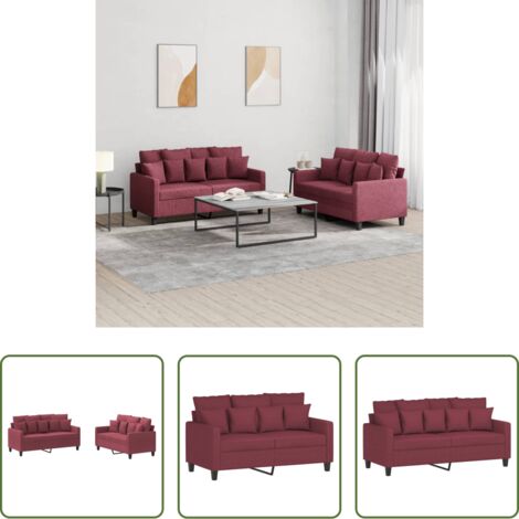 Divano in tessuto -  Set di Divani 2 pz con Cuscini Rosso Vino in Tessuto