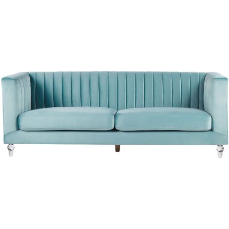 Divano in Velluto Azzurro a 3 Posti Stile Glamour ed Elegante Arvika