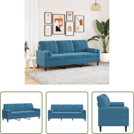 Divano in velluto - Divano a 3 Posti con Cuscini Blu 180 cm in Velluto