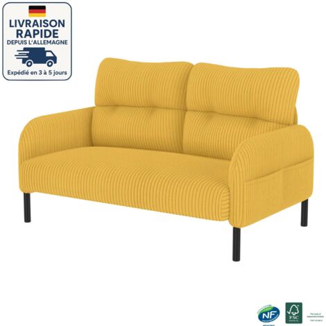 Divano in velluto - Profondità di seduta confortevole - Tasche laterali su ciascun lato dei braccioli - Costruzione solida - Scandinavo - Legno certificato PEFC - 2 posti - Giallo