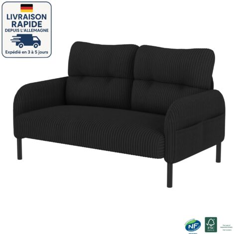 Divano in velluto - Profondità di seduta confortevole - Tasche laterali su ciascun lato dei braccioli - Costruzione solida - Scandinavo - Legno certificato PEFC - 2 posti - Nero