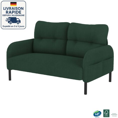 Divano in velluto - Profondità di seduta confortevole - Tasche laterali su ciascun lato dei braccioli - Costruzione solida - Scandinavo - Legno certificato PEFC - 2 posti - Verde smeraldo