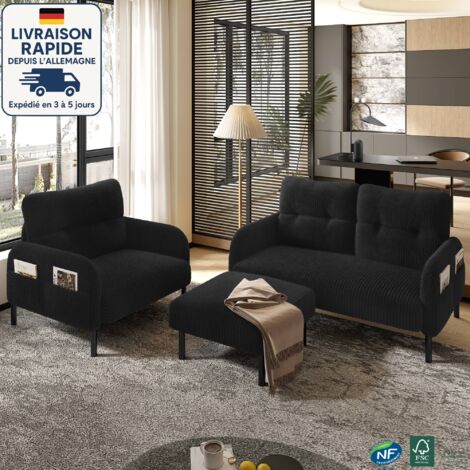 Divano in velluto - Profondità di seduta confortevole - Tasche laterali su ciascun lato dei braccioli - Costruzione solida - Scandinavo - Legno certificato PEFC - 4 posti - Nero