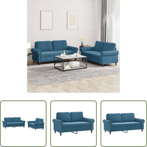 Divano in velluto -  Set di Divani 2 pz con Cuscini Blu in Velluto