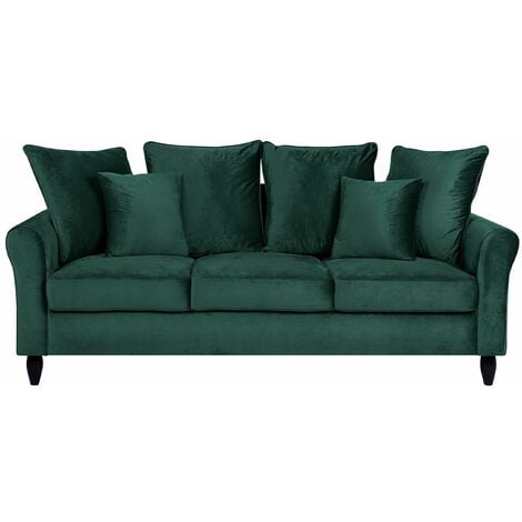 Divano in Velluto Verde Scuro a 3 Posti con Cuscini Decorativi Moderno Bornholm