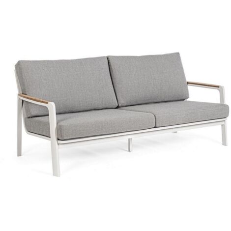 Divano "Jalisco" da due/tre posti, con cuscino, struttura in alluminio, braccioli con inserti in teak -Bianco