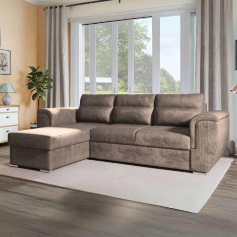 Divano Kendall II con letto estraibile e penisola contenitore reversibile in tessuto Giulia 9703 cappuccino