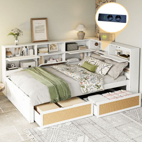 Divano letto 140x200 cm con 2 cassetti, decorazione in rattan, presa di corrente, vano contenitore, ripiani aperti, senza materasso, bianco