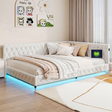 Divano letto 140x200, divano letto 140x200, letto imbottito, con LED, colori luce ambiente, porta USB, Bianco