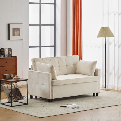 Divano letto 142x79x85 cm, 2 posti, schienale regolabile, rivestimento ciniglia su schiuma alta densità, beige, per soggiorno