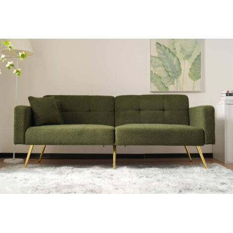 Divano Letto 175x64 cm in Tessuto Sherpa Verde, Schienale Inclinabile 105°–180° Elegante e Piedi Dorati