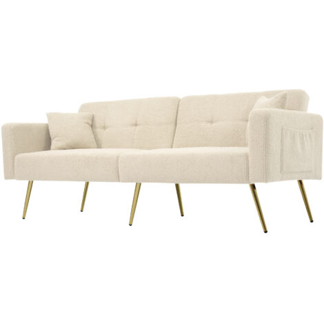 Divano Letto 175x64x72 cm, Comfort Schiuma Sherpa, Gambe Dorate Tasche Laterali, Struttura Legno, Beige